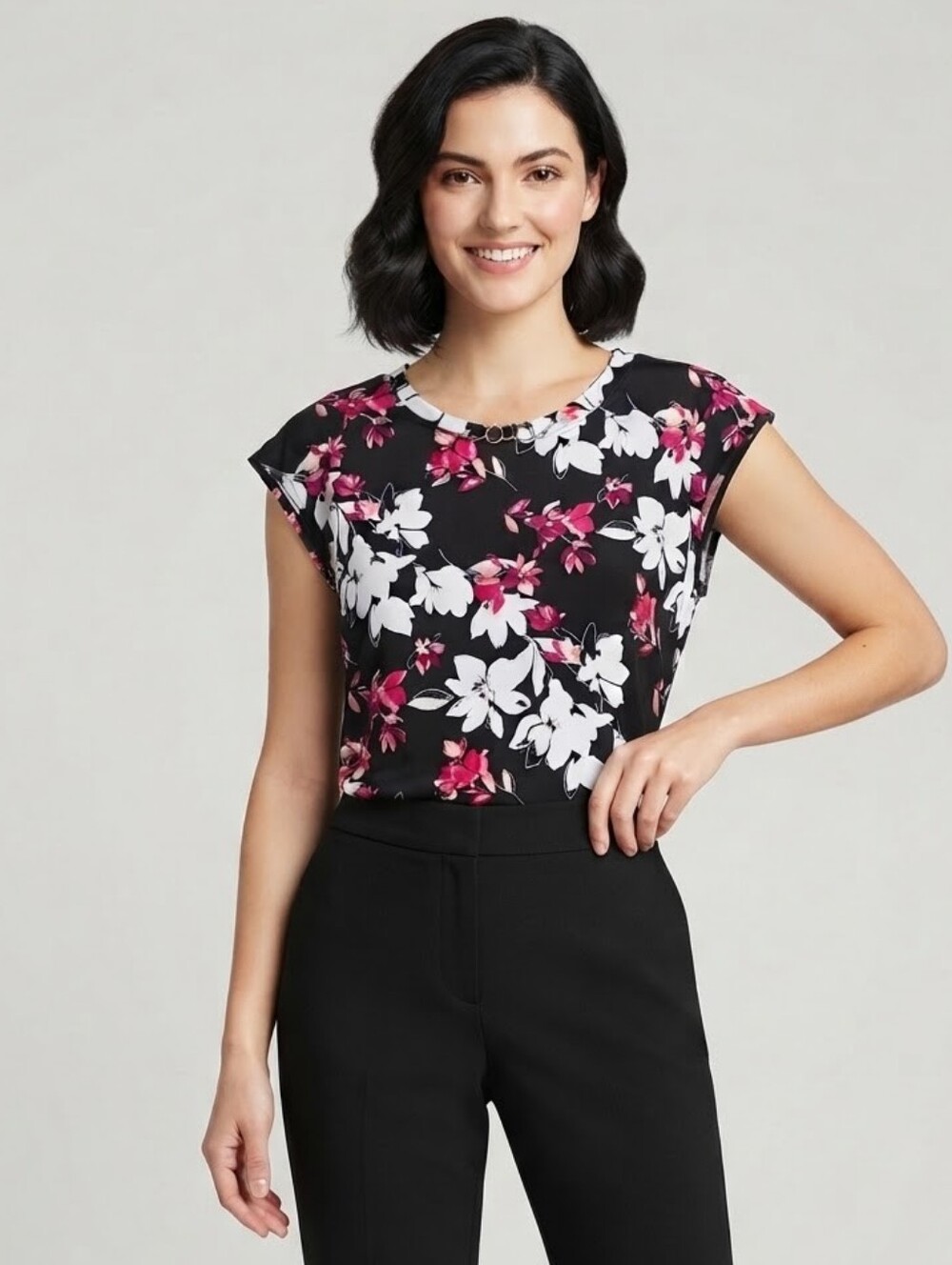 Liz Claiborne Black Floral Cap Sleeve with White and Pink Blooms